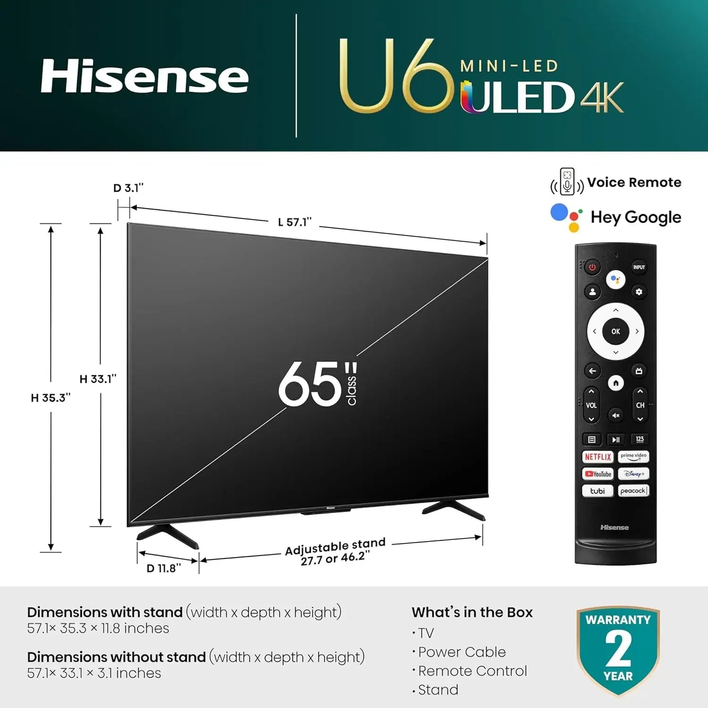 65-Inch Class U6 Series Mini-LED ULED 4K UHD Google Smart TV (65U6K) - QLED, Full Array Local Dimming, Dolby Vision IQ,