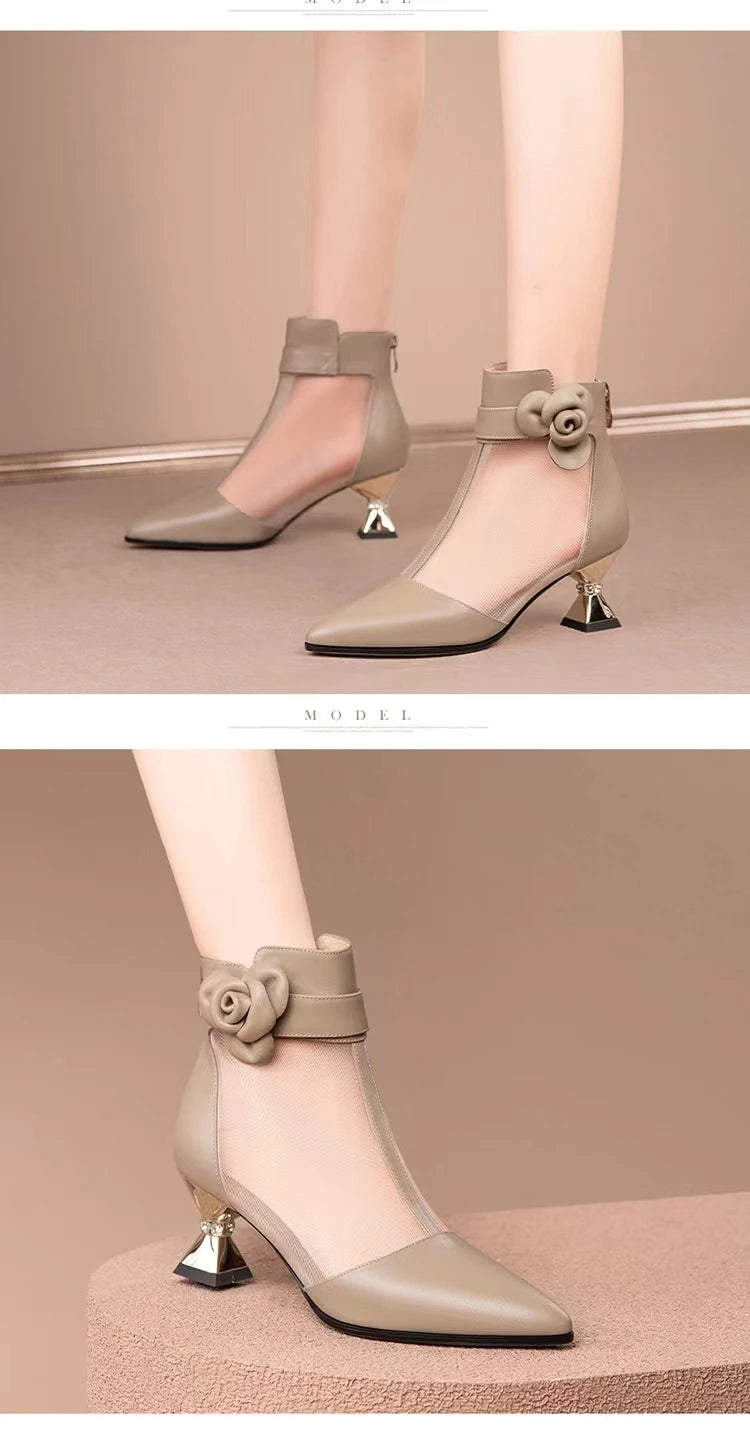 Famous Brown Thick Heel Women Boots Pointed Toe Retro British Style Sandals Women Mesh Breathable Women Shoes Shoes for Women