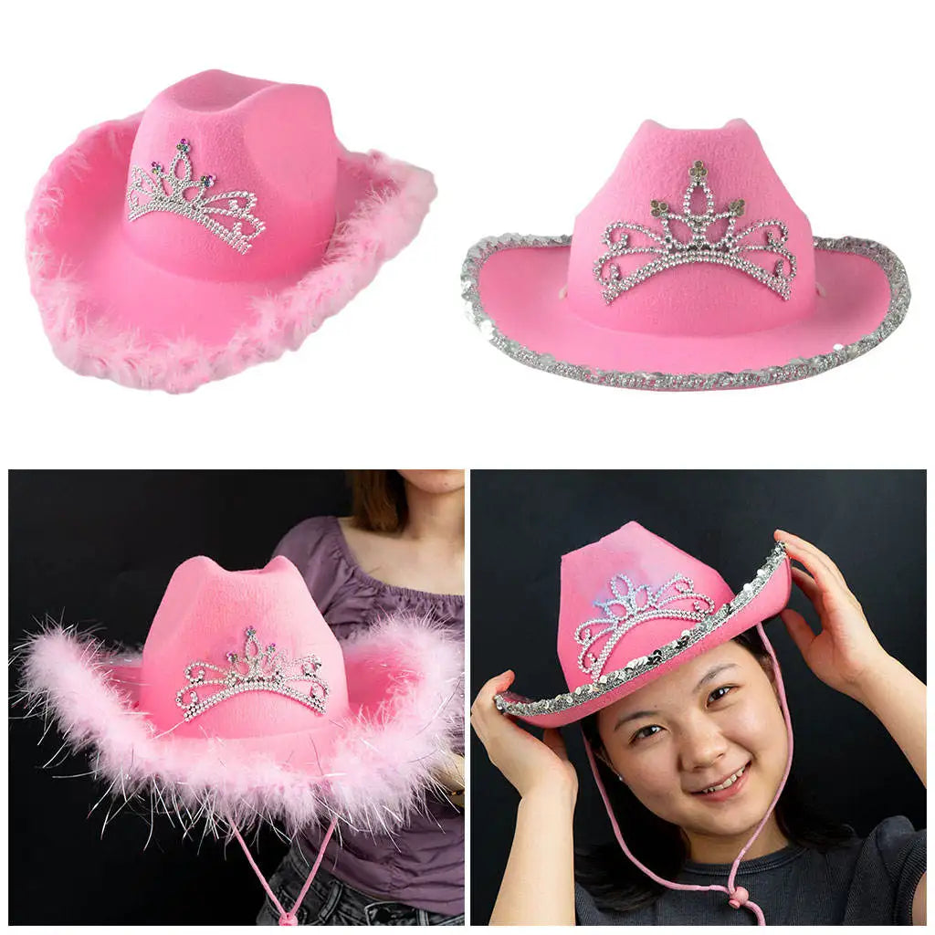 Famous Brown Western Style Cowboy Hat Pink Women's Fashion Party Warped Wide Brim with Decoration Crown Tiara Cowgirl Hat