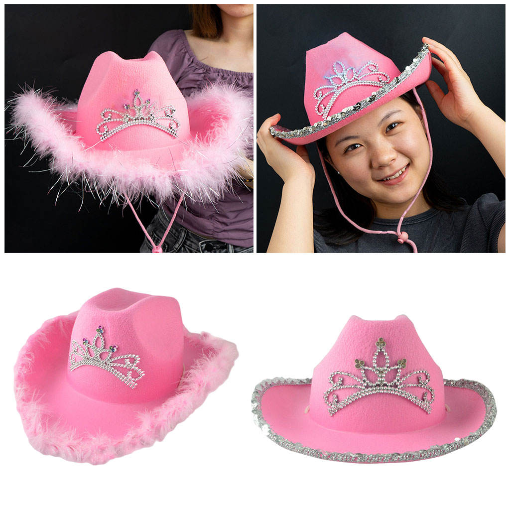 Famous Brown Western Style Cowboy Hat Pink Women's Fashion Party Warped Wide Brim with Decoration Crown Tiara Cowgirl Hat