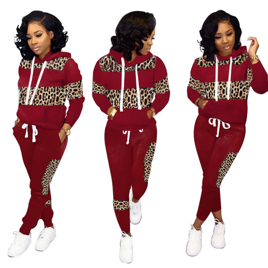 Fashion streetwear leopard patchwork print tracksuit sweatsuit women set Two piece set women hoodie+sweatpants matching outfits