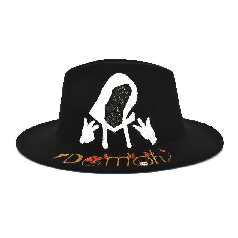 Famous Brown hand-painted pattern Fedora hat wide brim hat Panama felt hat shallow top fedora hat men and women hats men панама