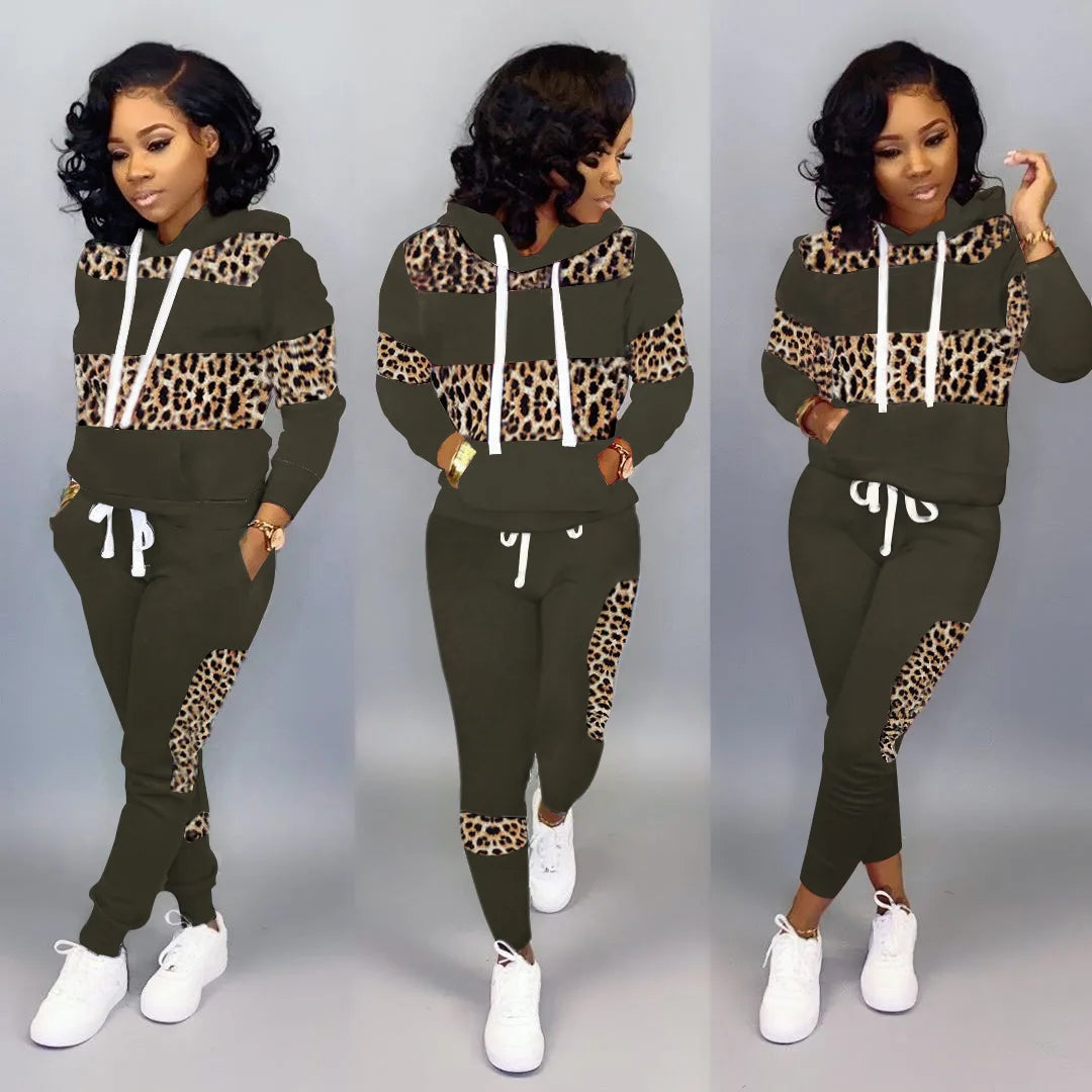 Fashion streetwear leopard patchwork print tracksuit sweatsuit women set Two piece set women hoodie+sweatpants matching outfits