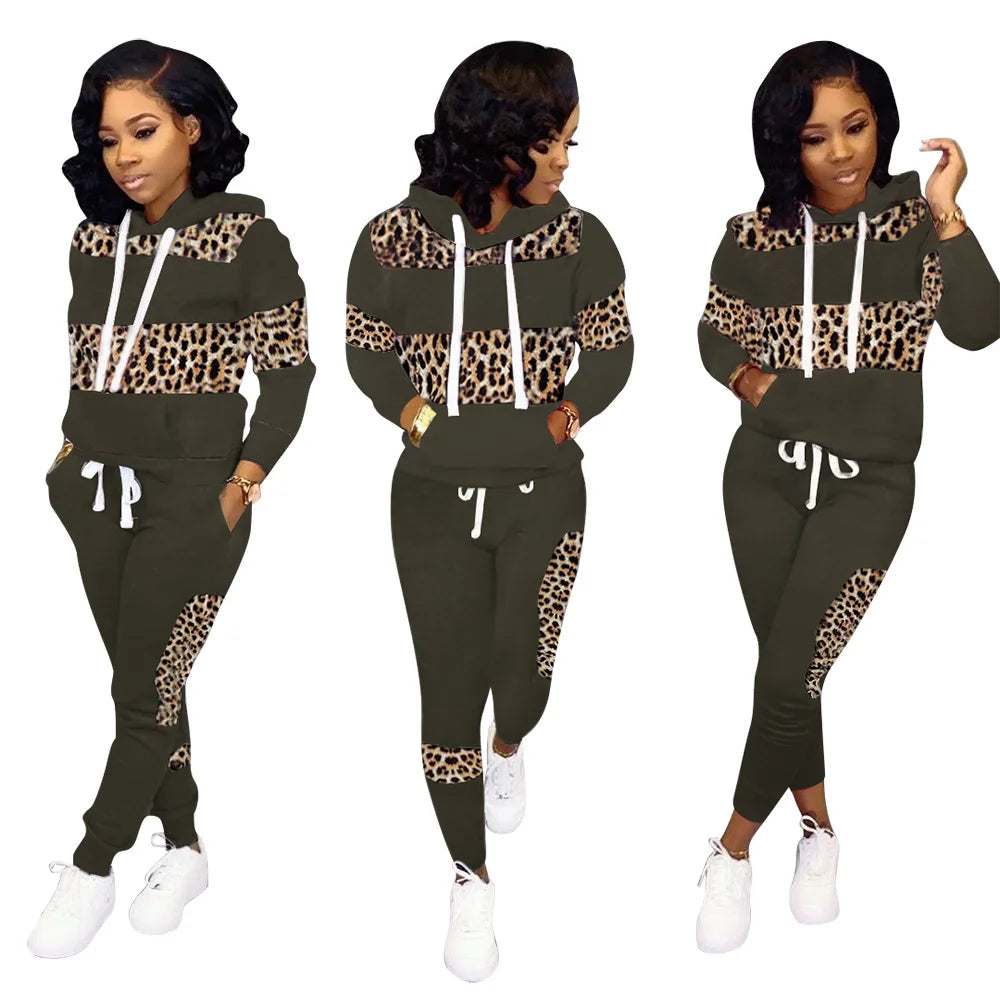 Fashion streetwear leopard patchwork print tracksuit sweatsuit women set Two piece set women hoodie+sweatpants matching outfits