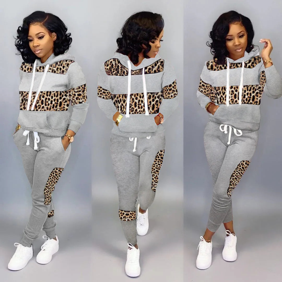 Fashion streetwear leopard patchwork print tracksuit sweatsuit women set Two piece set women hoodie+sweatpants matching outfits