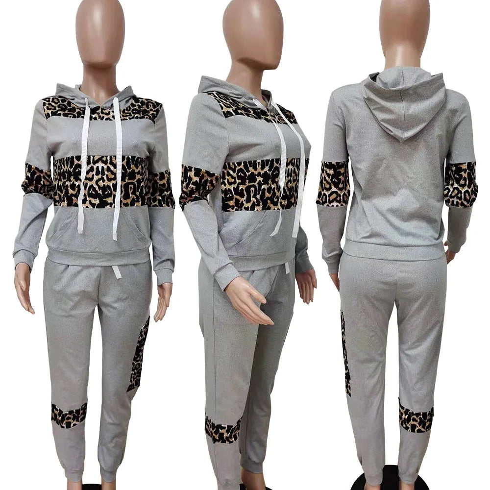 Fashion streetwear leopard patchwork print tracksuit sweatsuit women set Two piece set women hoodie+sweatpants matching outfits