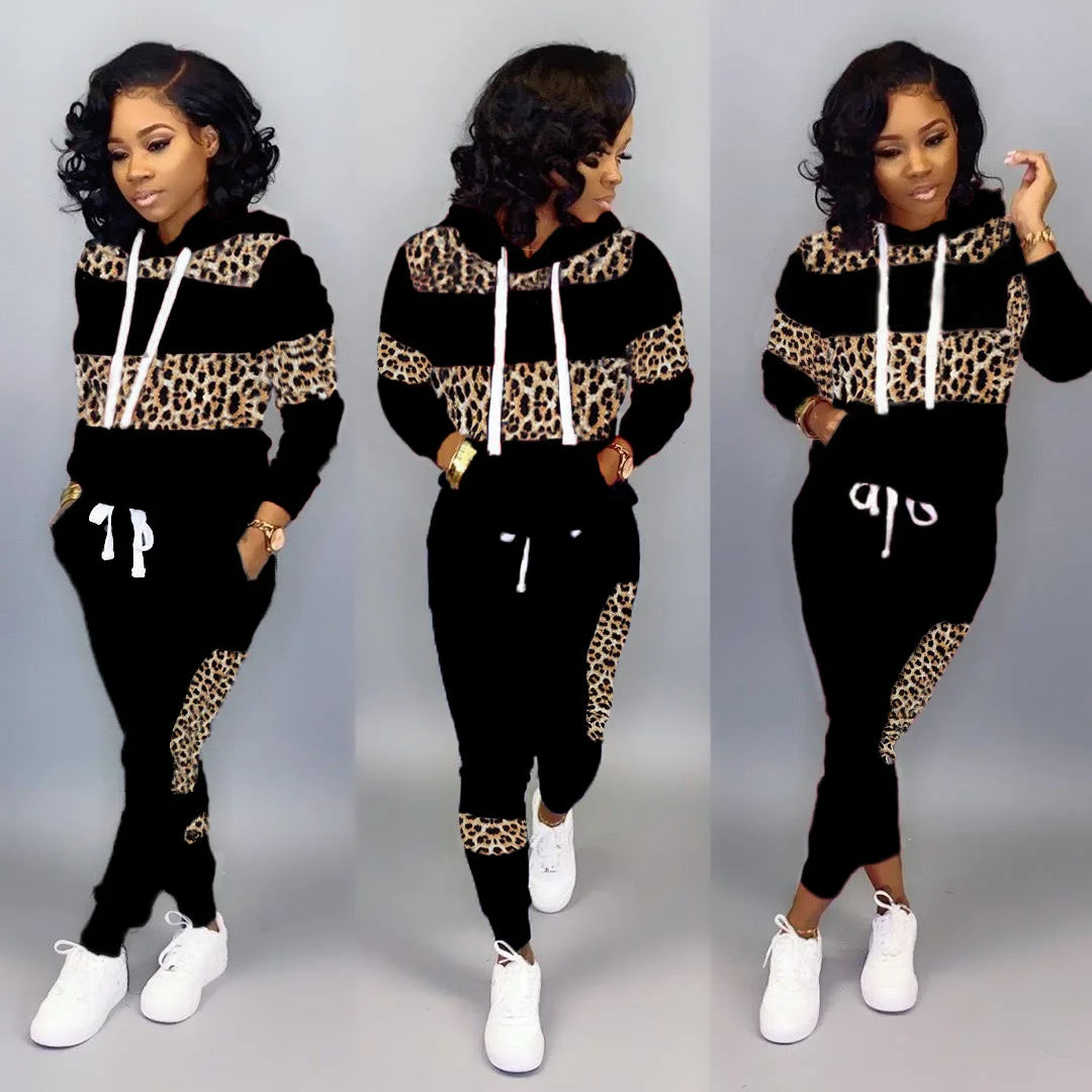 Fashion streetwear leopard patchwork print tracksuit sweatsuit women set Two piece set women hoodie+sweatpants matching outfits