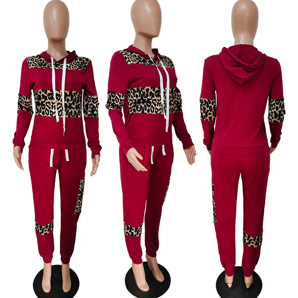 Fashion streetwear leopard patchwork print tracksuit sweatsuit women set Two piece set women hoodie+sweatpants matching outfits