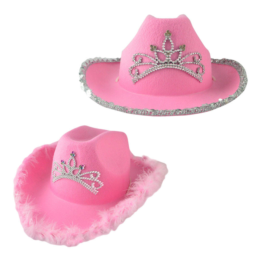 Famous Brown Western Style Cowboy Hat Pink Women's Fashion Party Warped Wide Brim with Decoration Crown Tiara Cowgirl Hat