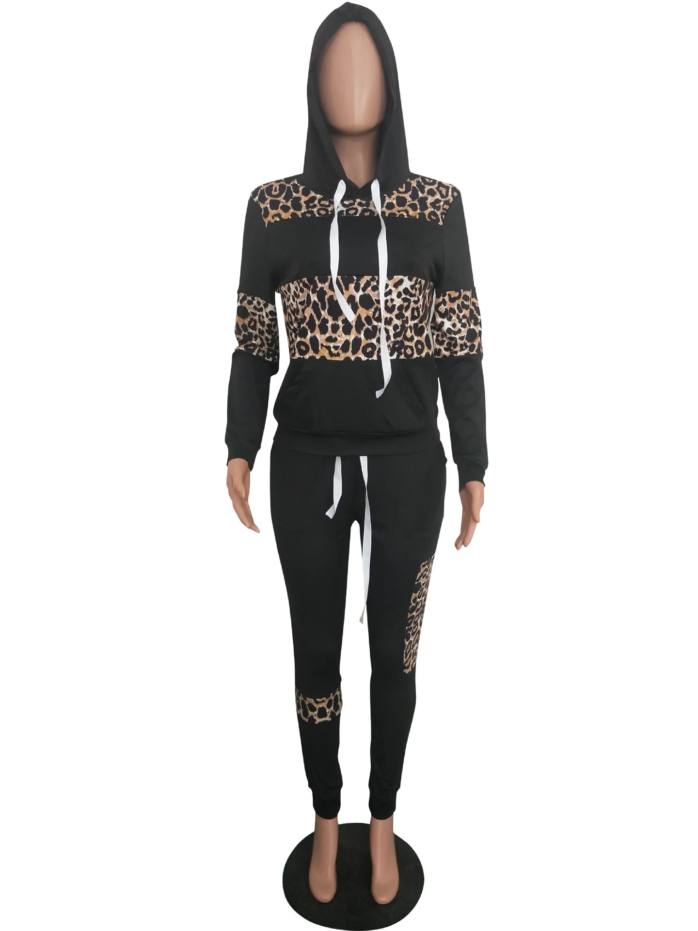 Fashion streetwear leopard patchwork print tracksuit sweatsuit women set Two piece set women hoodie+sweatpants matching outfits