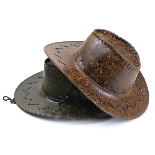 Famous Brown  cowboy hat imitation leather cracked men and women rider hat кепка мужская fedora hat Panama rope accessories