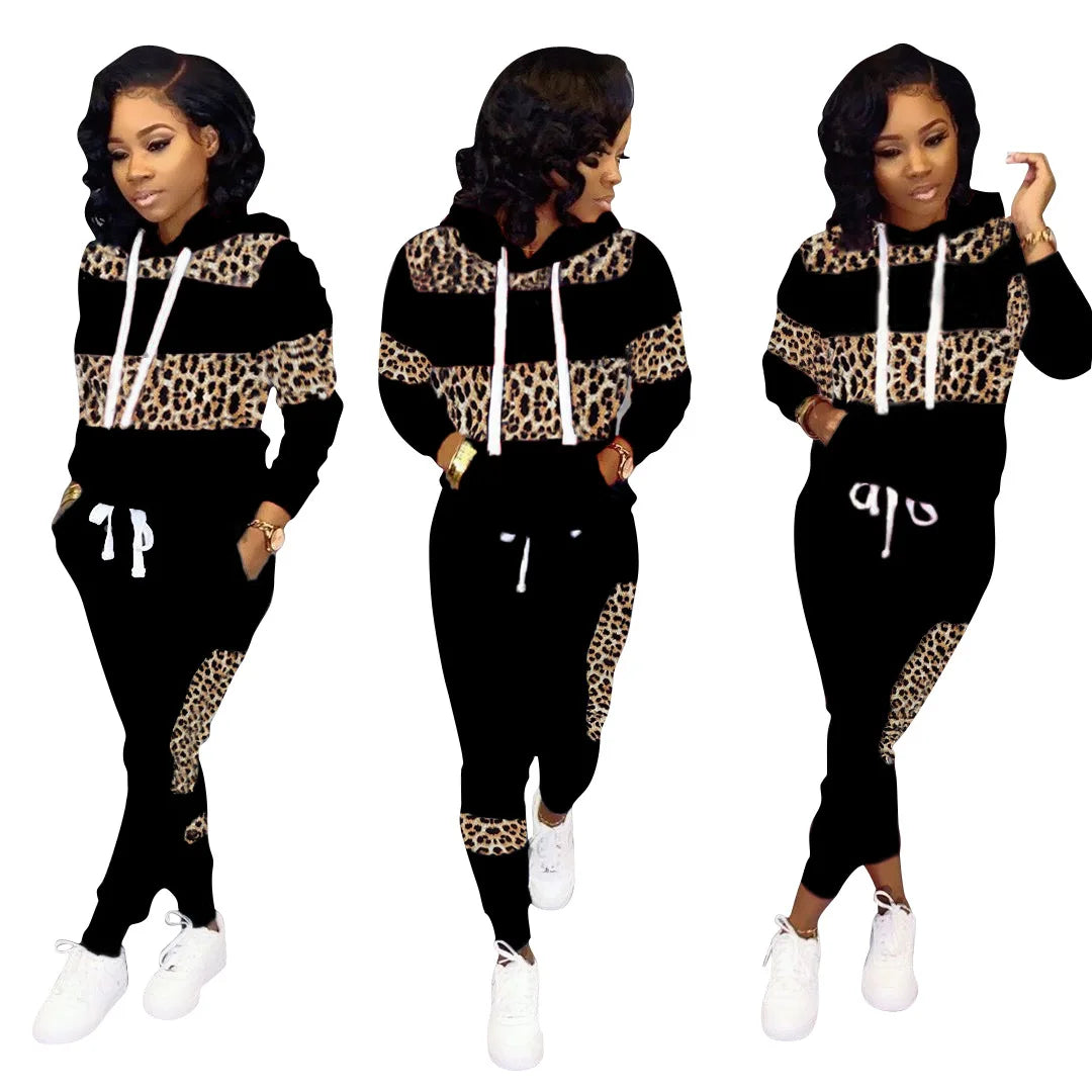 Fashion streetwear leopard patchwork print tracksuit sweatsuit women set Two piece set women hoodie+sweatpants matching outfits