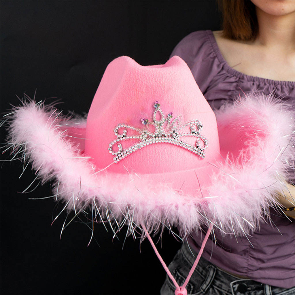 Famous Brown Western Style Cowboy Hat Pink Women's Fashion Party Warped Wide Brim with Decoration Crown Tiara Cowgirl Hat