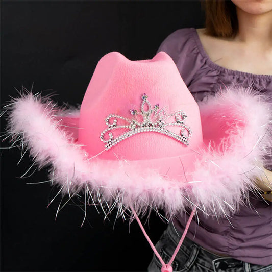 Famous Brown Western Style Cowboy Hat Pink Women's Fashion Party Warped Wide Brim with Decoration Crown Tiara Cowgirl Hat