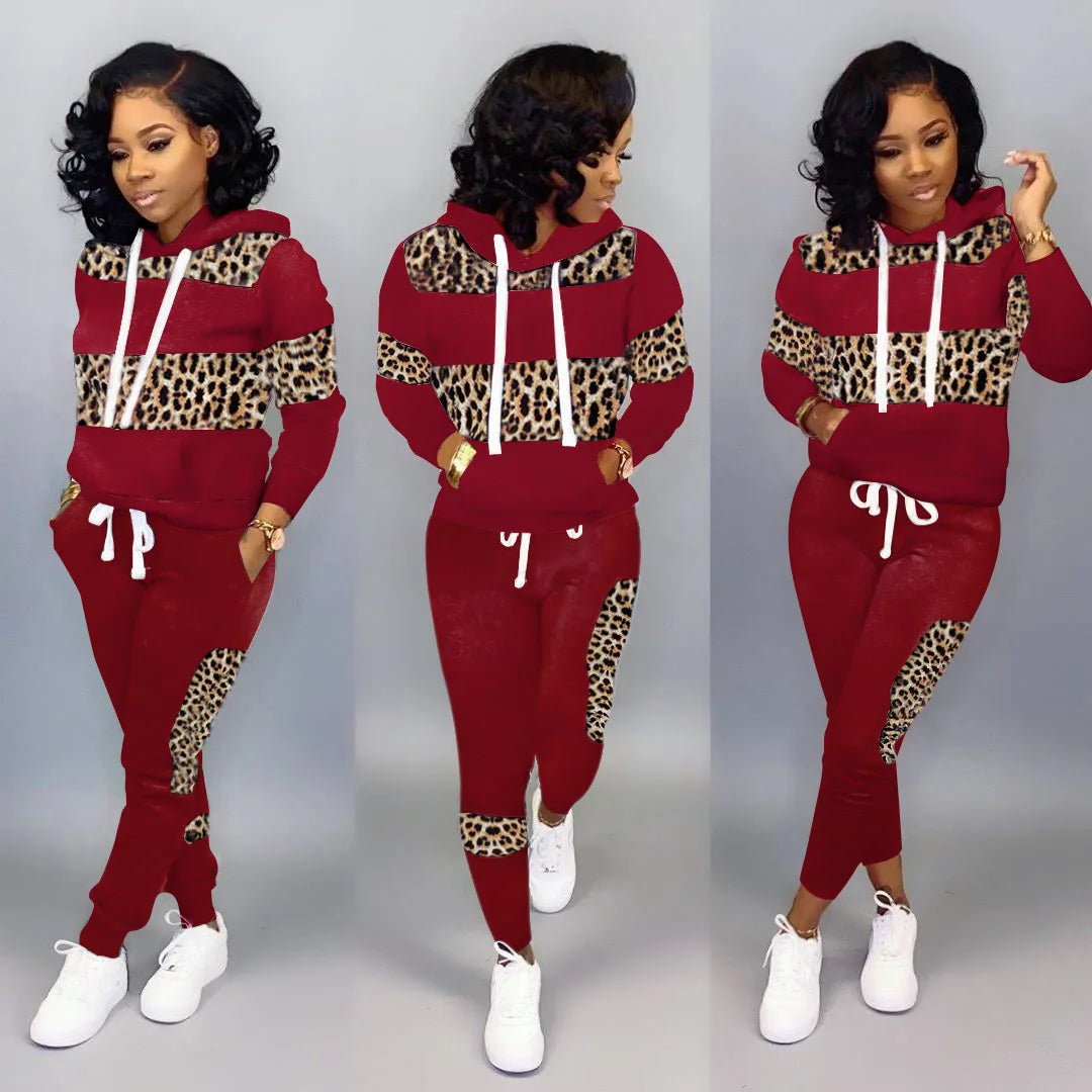 Fashion streetwear leopard patchwork print tracksuit sweatsuit women set Two piece set women hoodie+sweatpants matching outfits