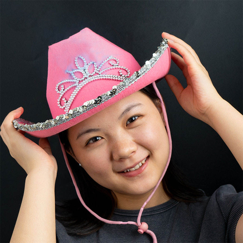 Famous Brown Western Style Cowboy Hat Pink Women's Fashion Party Warped Wide Brim with Decoration Crown Tiara Cowgirl Hat