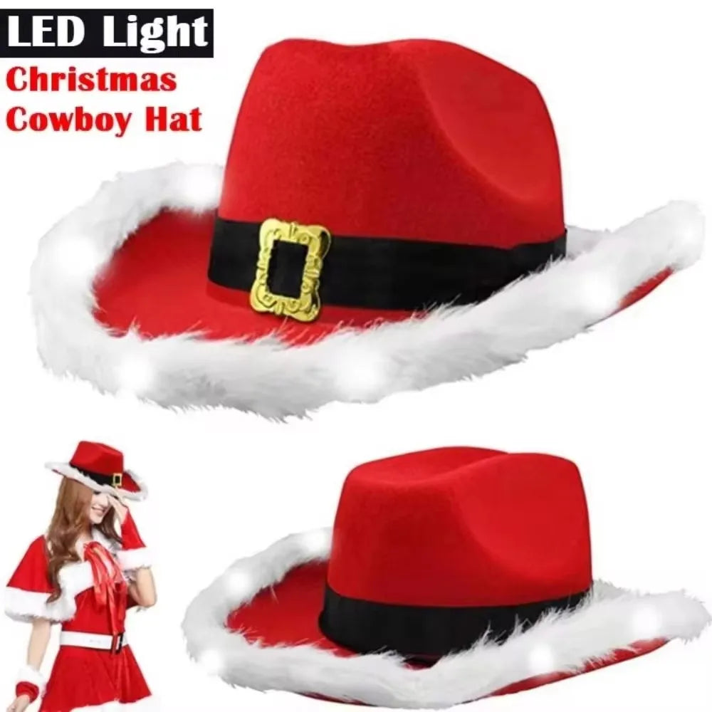 Famous Brown Santa Claus Party Christmas Luminous Cowboy Hat Western Red Felt Hats Wide Brim Cowgirl Hat Jazz Hat for Women Men