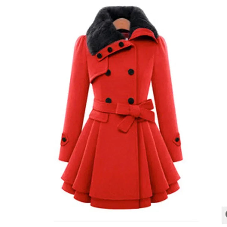 Women's Woolen Jacket Slimming Smooth Silhouette Medium Length Double Row Button Thickened Overcoat Belt