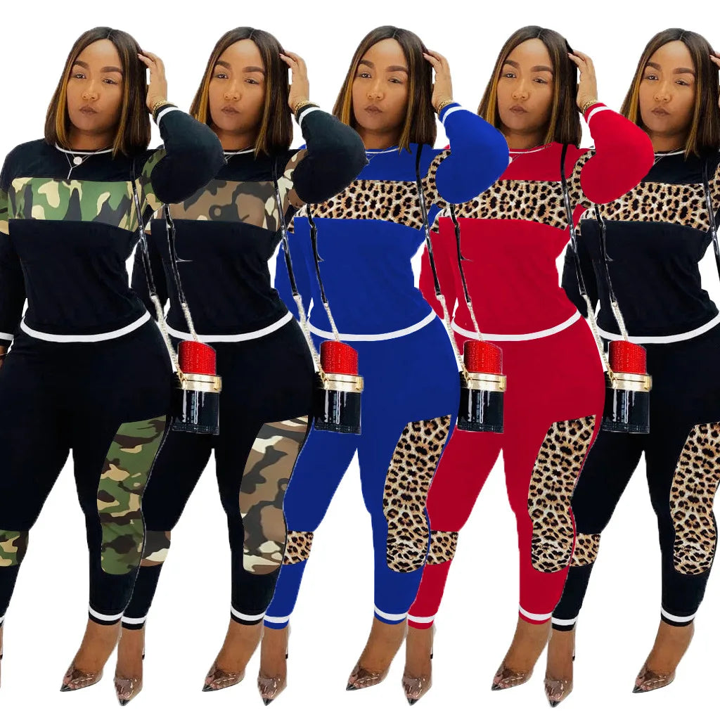 Famous Brown  Leopard Camouflage Two Pieces Set Women's Sports Suit Long Sleeve Sweatshirt And Sweatpants Casual Tracksuit Jogging suit