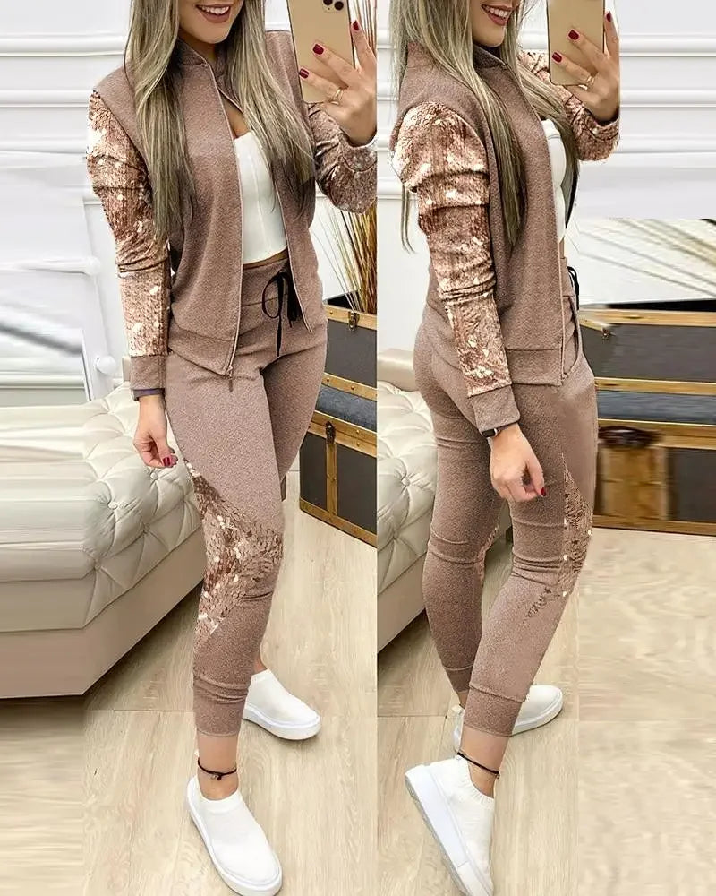 Famous Brown Women Two Piece Set Outfits Autumn Women's Tracksuit Zipper Top Pants Casual Sport Suit Winter 2 Piece Woman Set