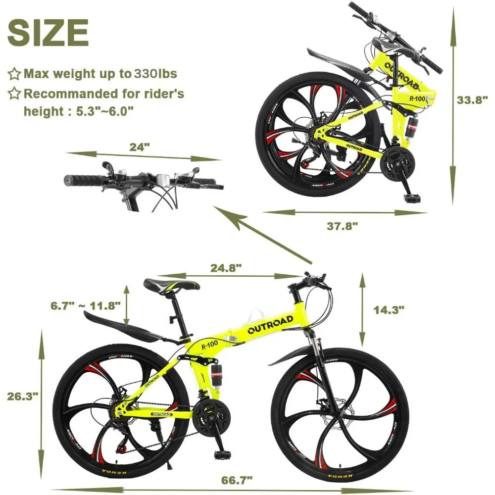 Famous Brown Folding Mountain Bike, 21-Speed High Carbon Steel, Adult, 26-inch Durable Tires