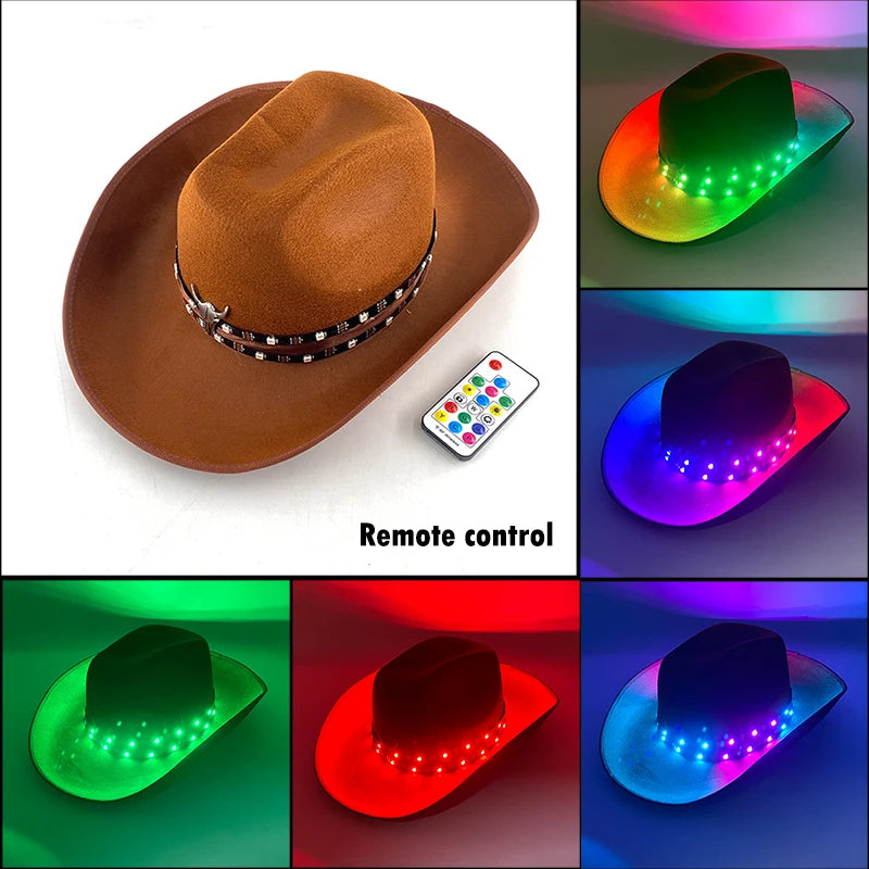 Remote Control Luminous Cowboy Hat LED Light Up Cowboy Cap Men Bar Club Hat Stage Performence Costume Dance Show Supplies