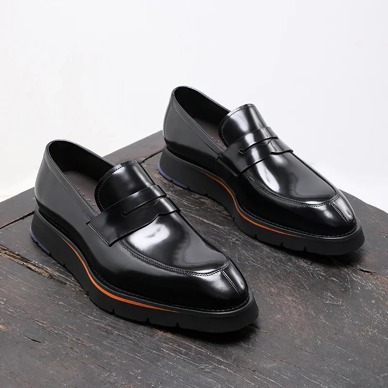 Men Shoes Calfskin, Polished Square Glossy And Thick Soles Casual Loafers.