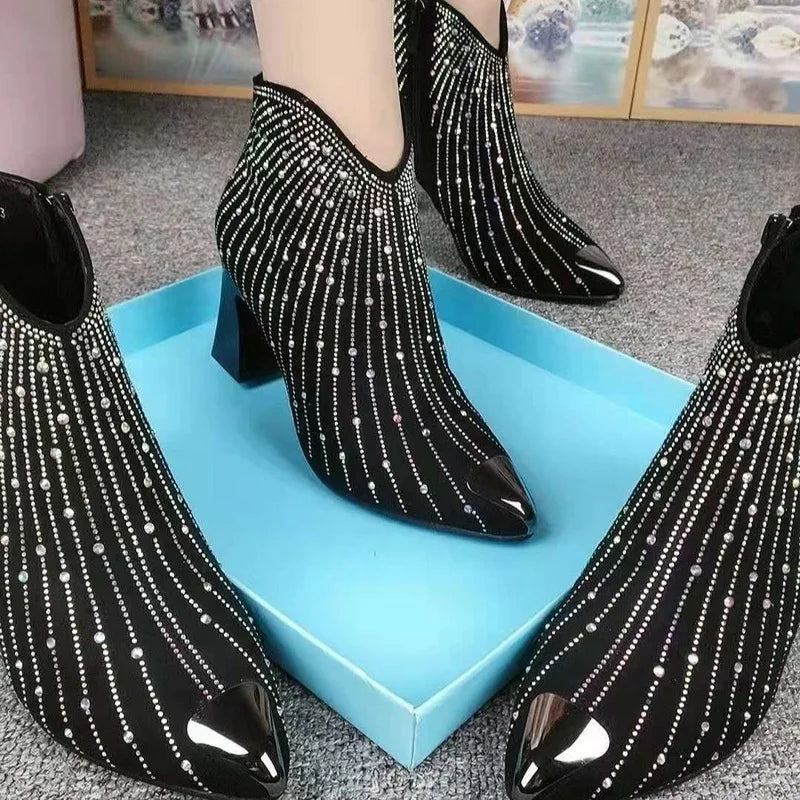 2024 New Women Rhinestone Ankle Boots,Fashion Autumn/Winter Shoes,Shine Short Botas,Side Zip,Pointed Toe,Black