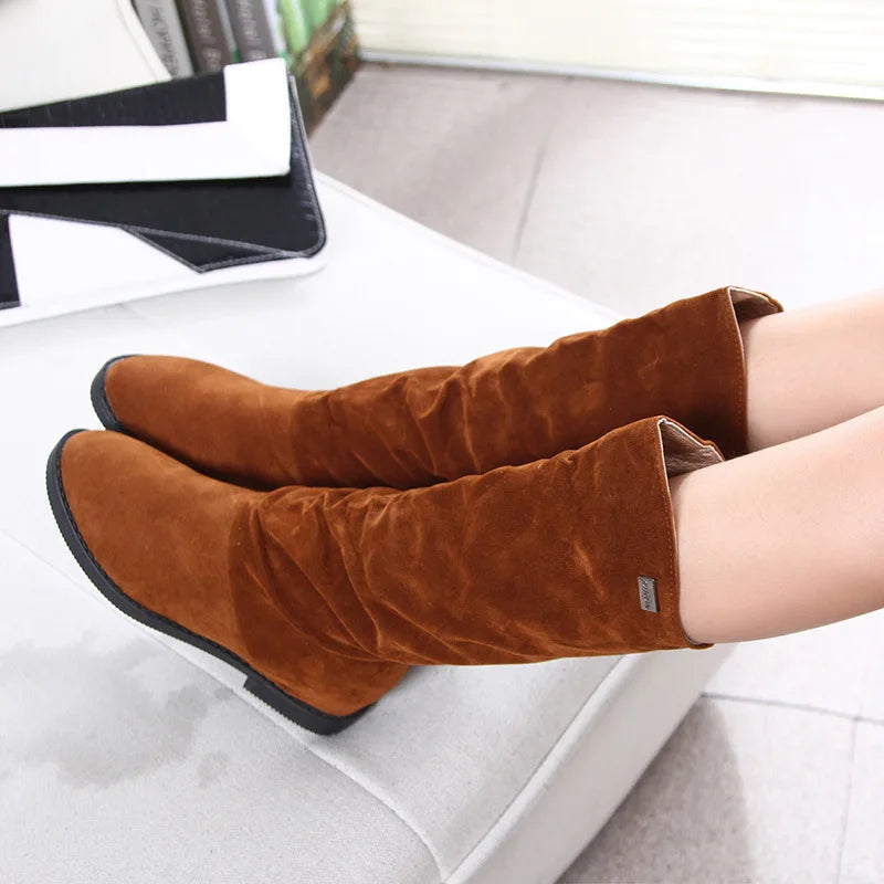 Famous Brown Women's Boots Winter New European American Fashion Frosted Mid-calf Women's Boots Low Heel Plus Velvet Knight Boots for Women