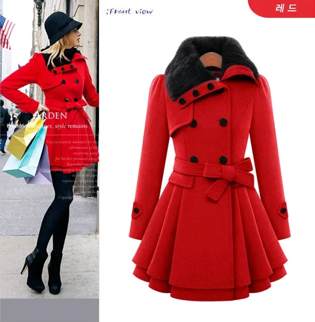 Women's Woolen Jacket Slimming Smooth Silhouette Medium Length Double Row Button Thickened Overcoat Belt