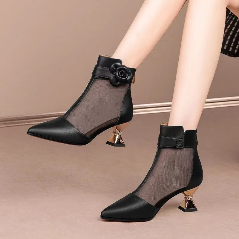 Famous  Brown Thick Heel Women Boots Pointed Toe Retro British Style Sandals Women Mesh Breathable Women Shoes Shoes for Women