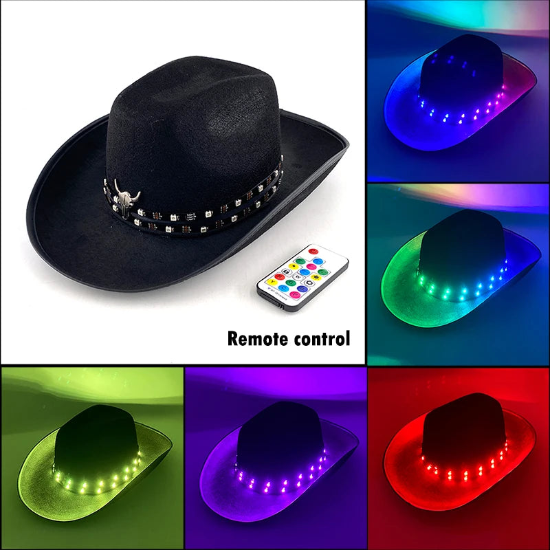 Remote Control Luminous Cowboy Hat LED Light Up Cowboy Cap Men Bar Club Hat Stage Performence Costume Dance Show Supplies