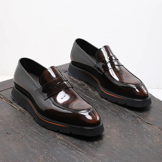 Men Shoes Calfskin, Polished Square Glossy And Thick Soles Casual Loafers.