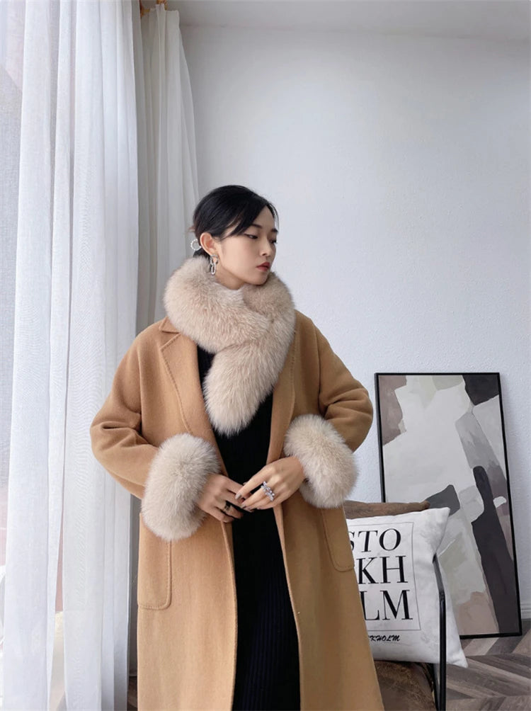 Famous Brown Winter 100% Natural Real Fox Fur Collar Scarf Women Neck Warm Scarves Shawl Fashion Coat Decorate Sleeves Fox Fur Cuffs One Set