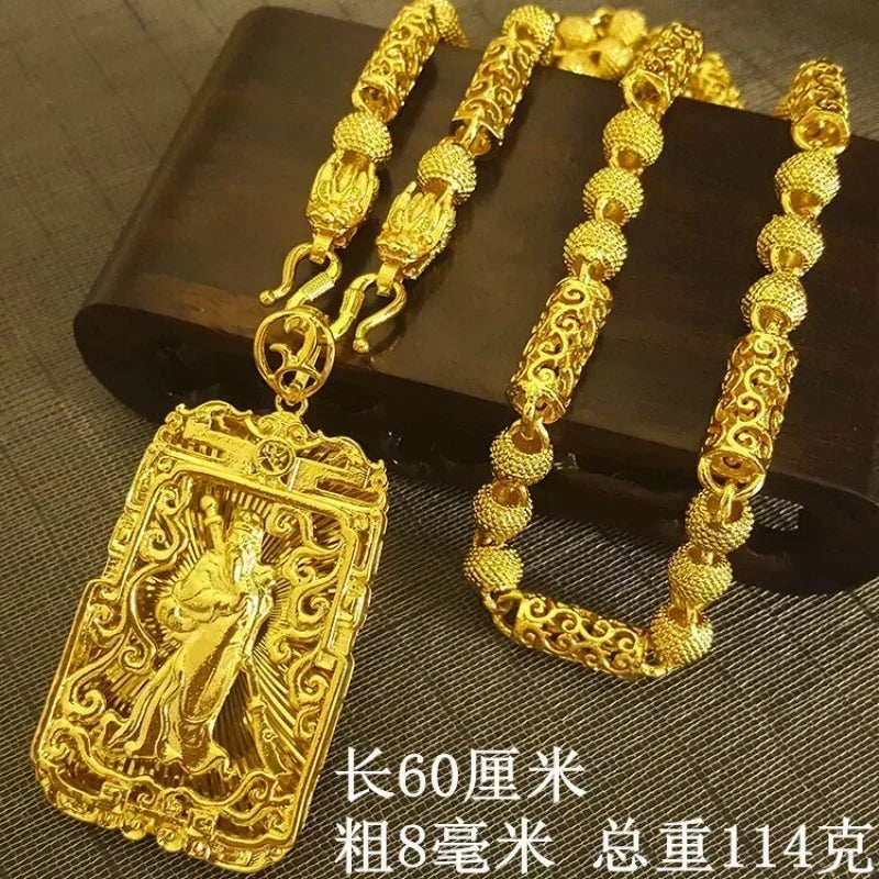 Famous Brown 24K Gold Necklace Men Dragon Guan Gong Pendant 9999 Real Gold Necklace