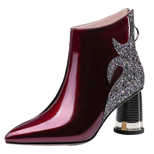 Famous Brown High Quality Women's Boots 2024 Shiny Sequined Ladies High Heels Sexy Pointed Ankle Boots Comfort Chunky Heel Office Female Shoes