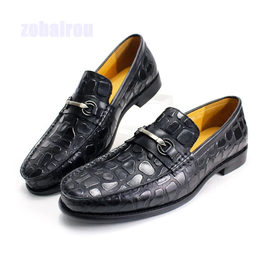 Famous Brown Black Brown Crocodile Embossed Loafer Shoes Genuine Leather Horse Buckle Men's One Step Lazy Shoes Business Casual Leather Shoes