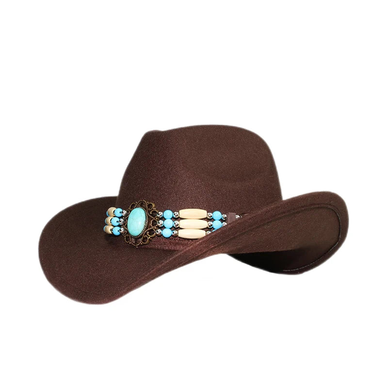 Famous Brown Retro Women Men /Kid Child Wool Wide Brim Cowboy Western Hat Cowgirl Bowler Cap Turquoise Beads Knitted Band (54-57-61cm)