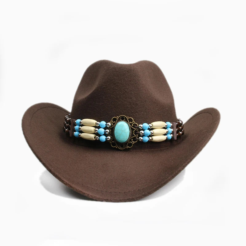 Famous Brown Retro Women Men /Kid Child Wool Wide Brim Cowboy Western Hat Cowgirl Bowler Cap Turquoise Beads Knitted Band (54-57-61cm)