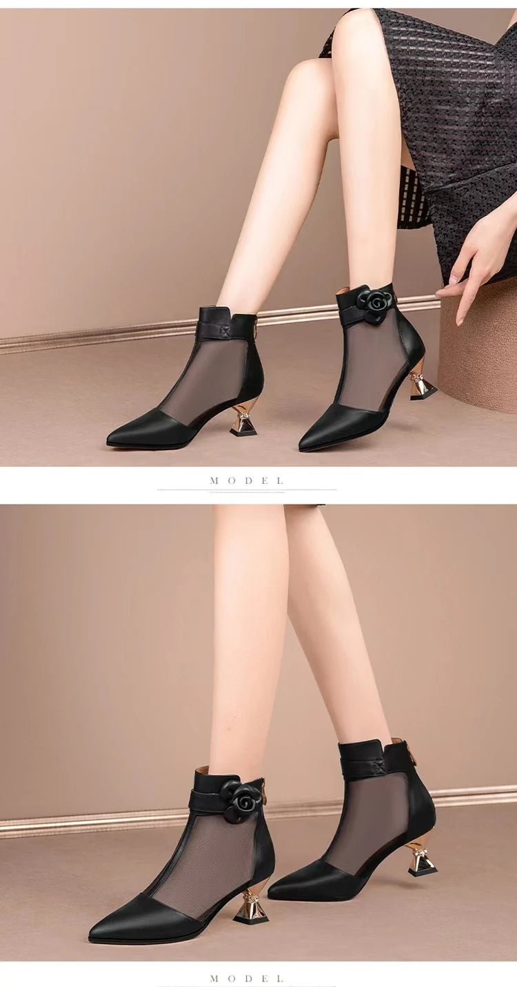 Famous  Brown Thick Heel Women Boots Pointed Toe Retro British Style Sandals Women Mesh Breathable Women Shoes Shoes for Women