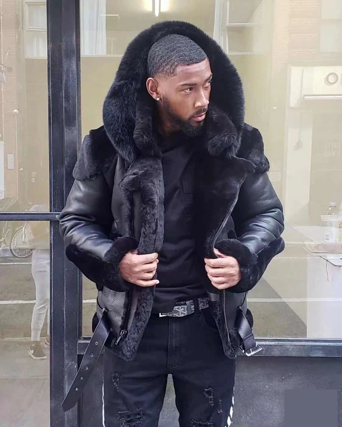 Famous Brown Men's Leather Coat Winter Large Size Jacket with Fur Collar and Long Sleeve Wool Lining Casual Men's Jacket