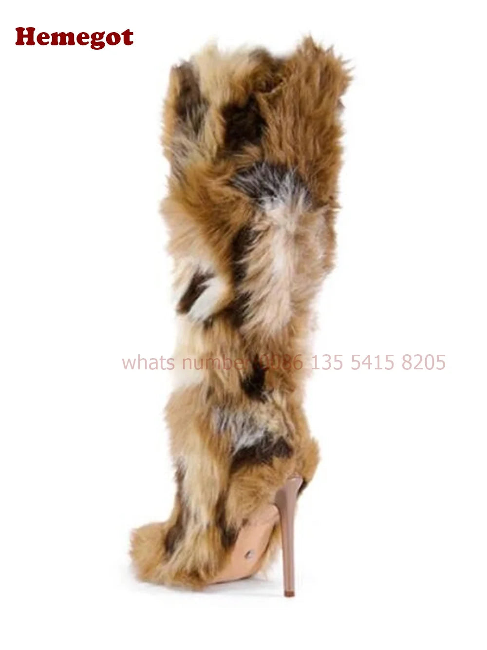 Sexy Famous Brown Animal Fur Knee High Boots Pointy Toe Thin Heels Warm Women's Boots Winter Splicing Stiletto Plush Casual Runway Shoes