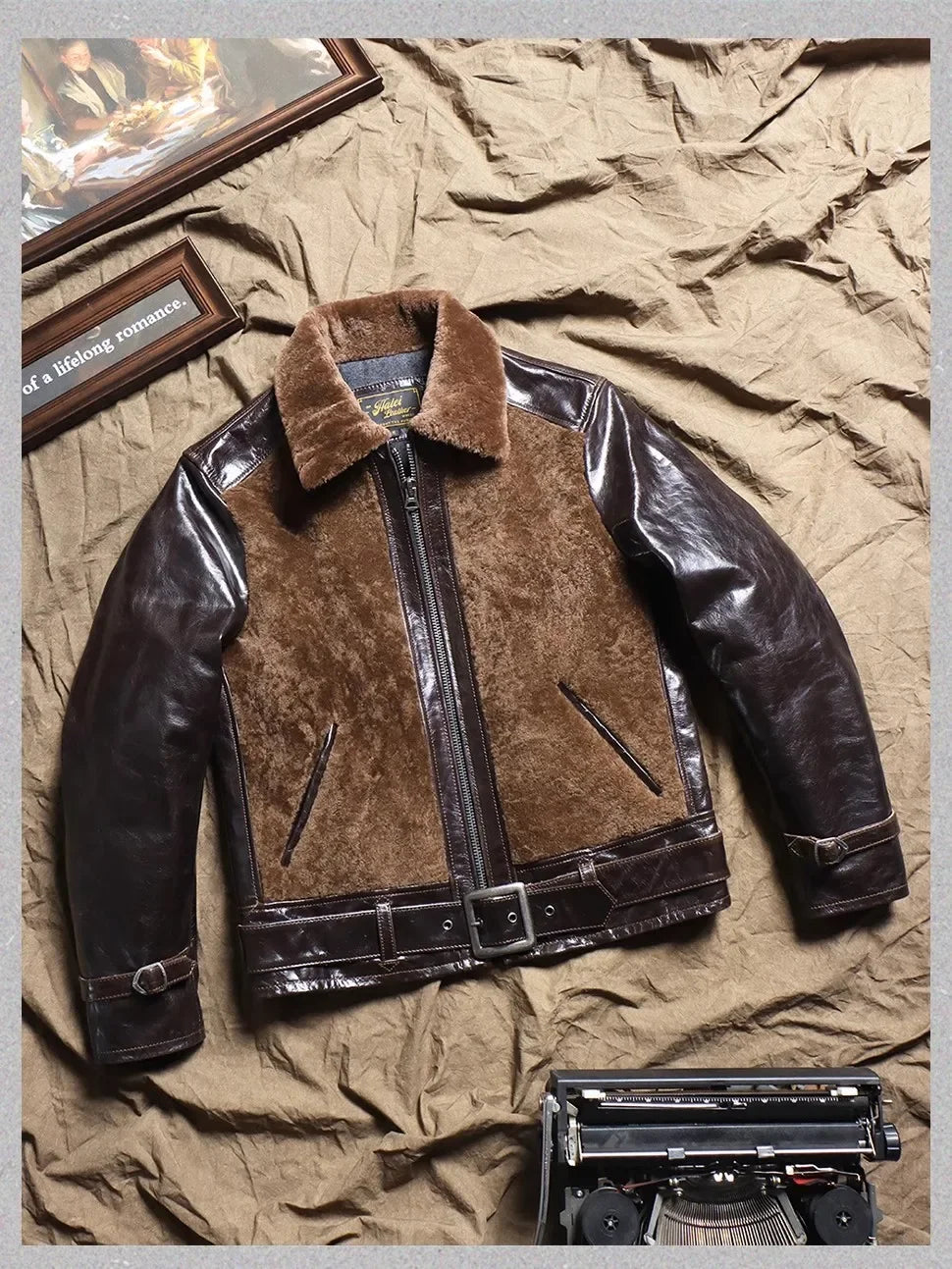 100% real fur jacket.winter warm thick leather coat.Vintage Motor Rider leather cloth.Fashion outdoor