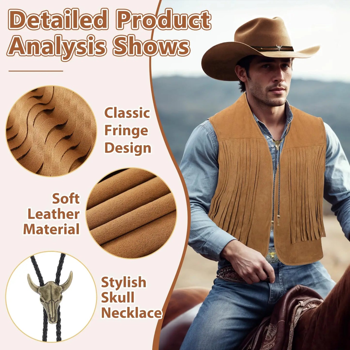 Famous Brown 7Pcs Western Cowboy Fancy Dress Set for Men Hippie Accessories Holsters for Adult Halloween Cosplay Carnival