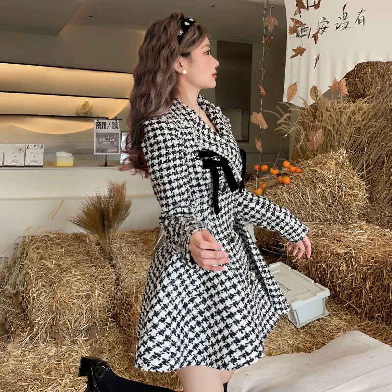 Famous Brown Autumn Winter 2025 New Houndstooth Coat Women's Overcoat Fashion Slim Sweet Double-Breasted Woolen Jacket Princess Suit Skirt