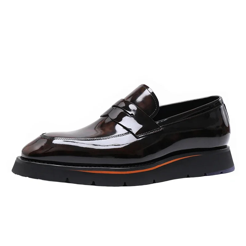 Men Shoes Calfskin, Polished Square Glossy And Thick Soles Casual Loafers.