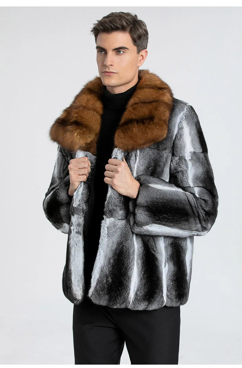 Famous Brown Fur Lover Winter Men's Real Chinchilla Fur Full Skin Overcoat Authentic Chinchilla Fur Long Coat With Genuine Sable Fur Collar