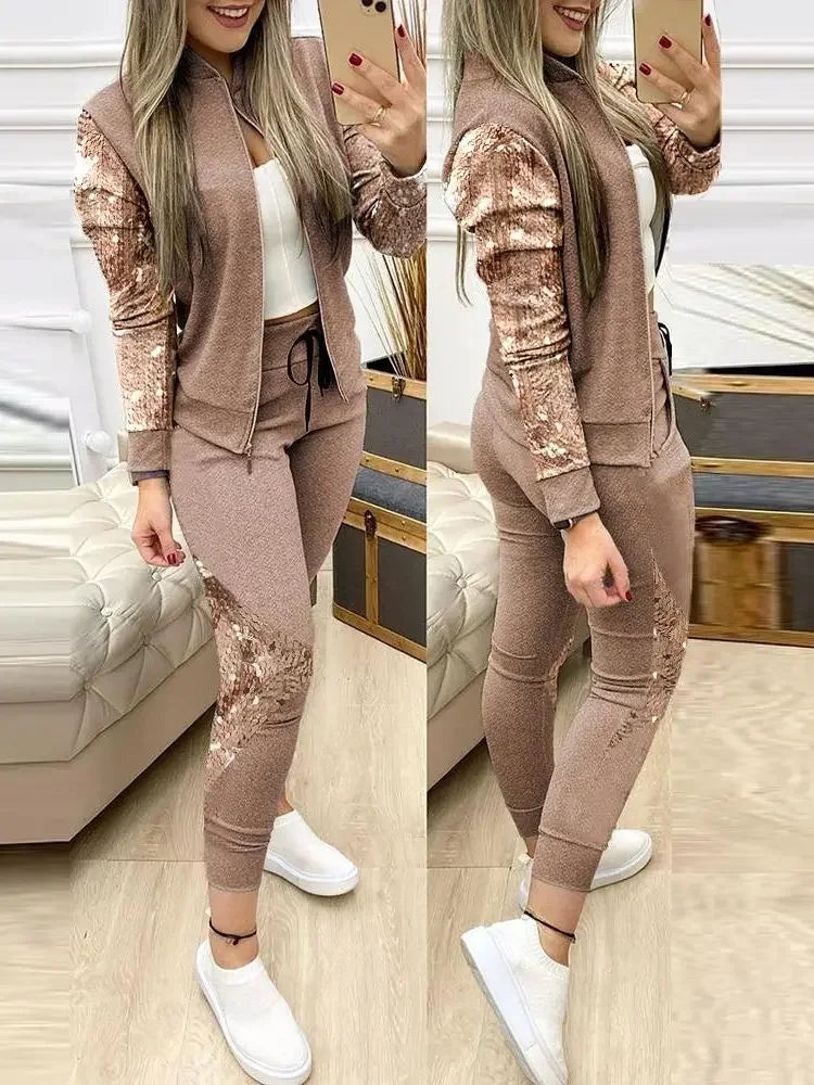 Famous Brown Women Two Piece Set Outfits Autumn Women's Tracksuit Zipper Top Pants Casual Sport Suit Winter 2 Piece Woman Set