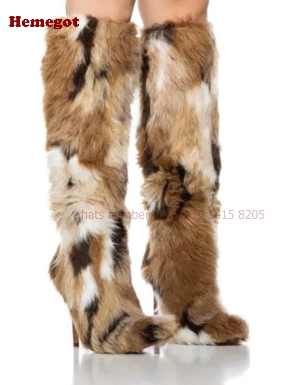 Famous Brown Animal Fur Knee High Boots Pointy Toe Thin Heels Warm Women's Boots