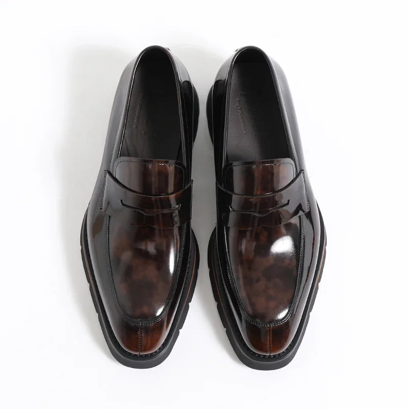 Men Shoes Calfskin, Polished Square Glossy And Thick Soles Casual Loafers.